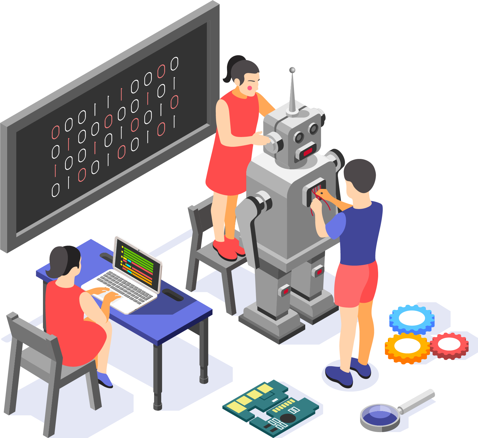 Students building a robot together